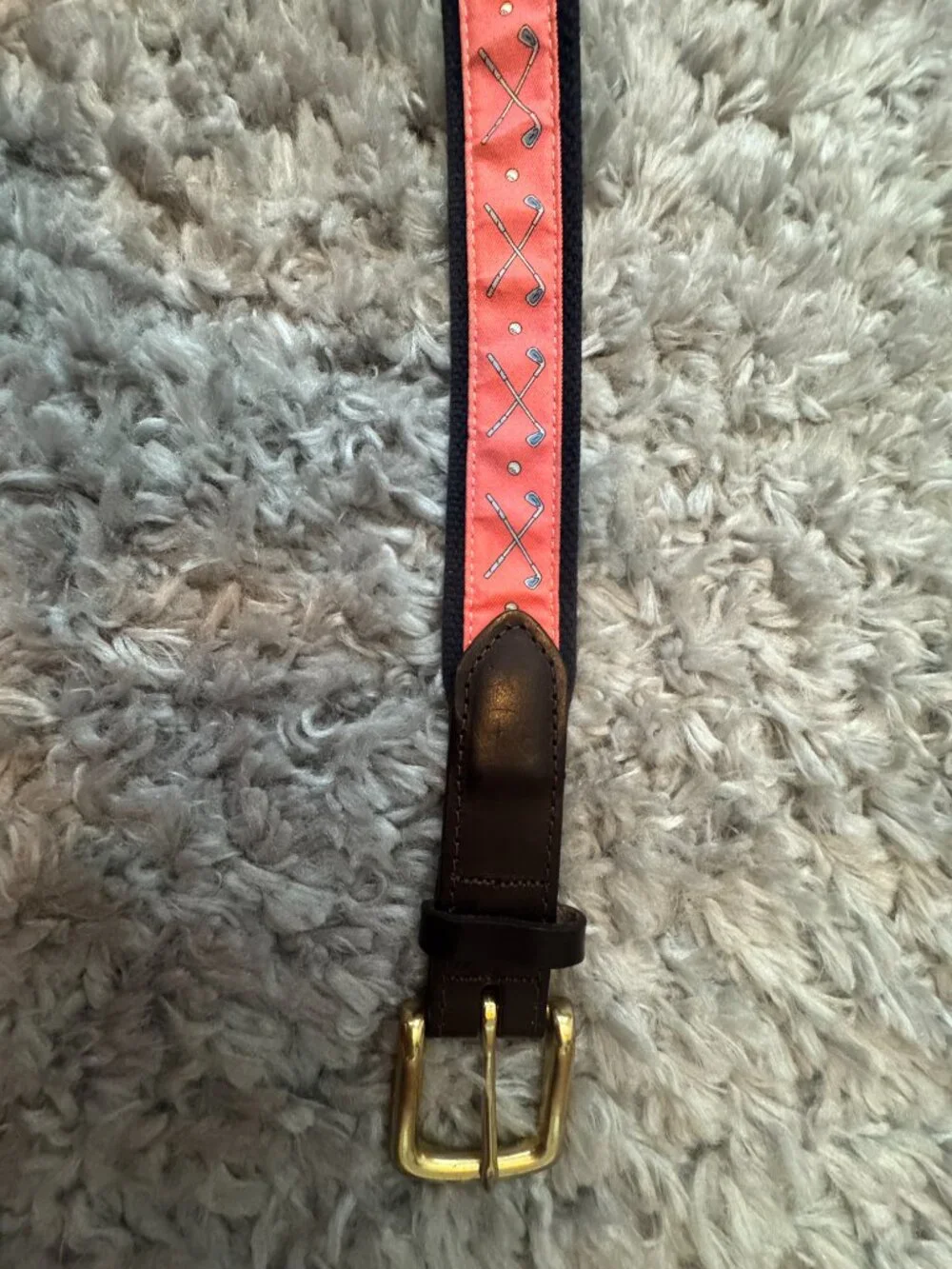 VINEYARD VINES Golf Clubs Silk Canvas Leather Belt Pink Navy Size 42
